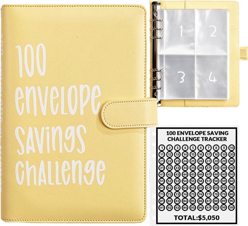 AASLOB 100 Envelopes Money Saving Challenge, 100 Envelope Challenge Binder, Easy and Fun Way to Save $5,050, Savings Challenges Budget Book Binder with Cash Envelopes for Office,Home,School (Yellow) - Image 1